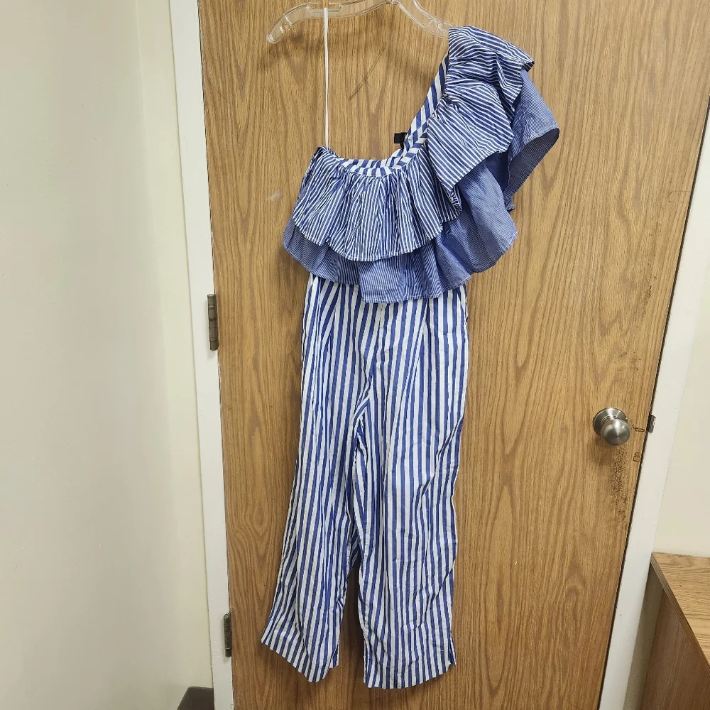 J. Crew One Shoulder Blue Mixed Stripe Jumpsuit Sz 0. New without tags